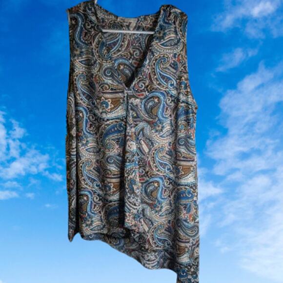 DR 2 Large sleeveless blue and tan paisley polyester v-neck woman's top. - Picture 1 of 1